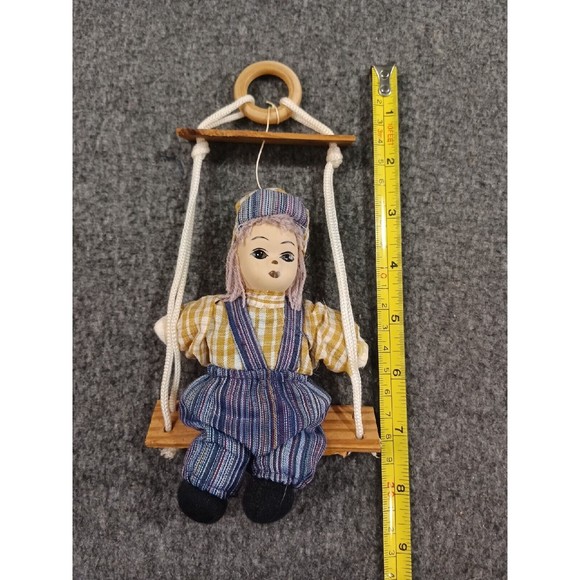 Vintage Porcelain Dolls Marionette Boy & Girl On A Wooden Swing Clown Doll - Picture 8 of 14